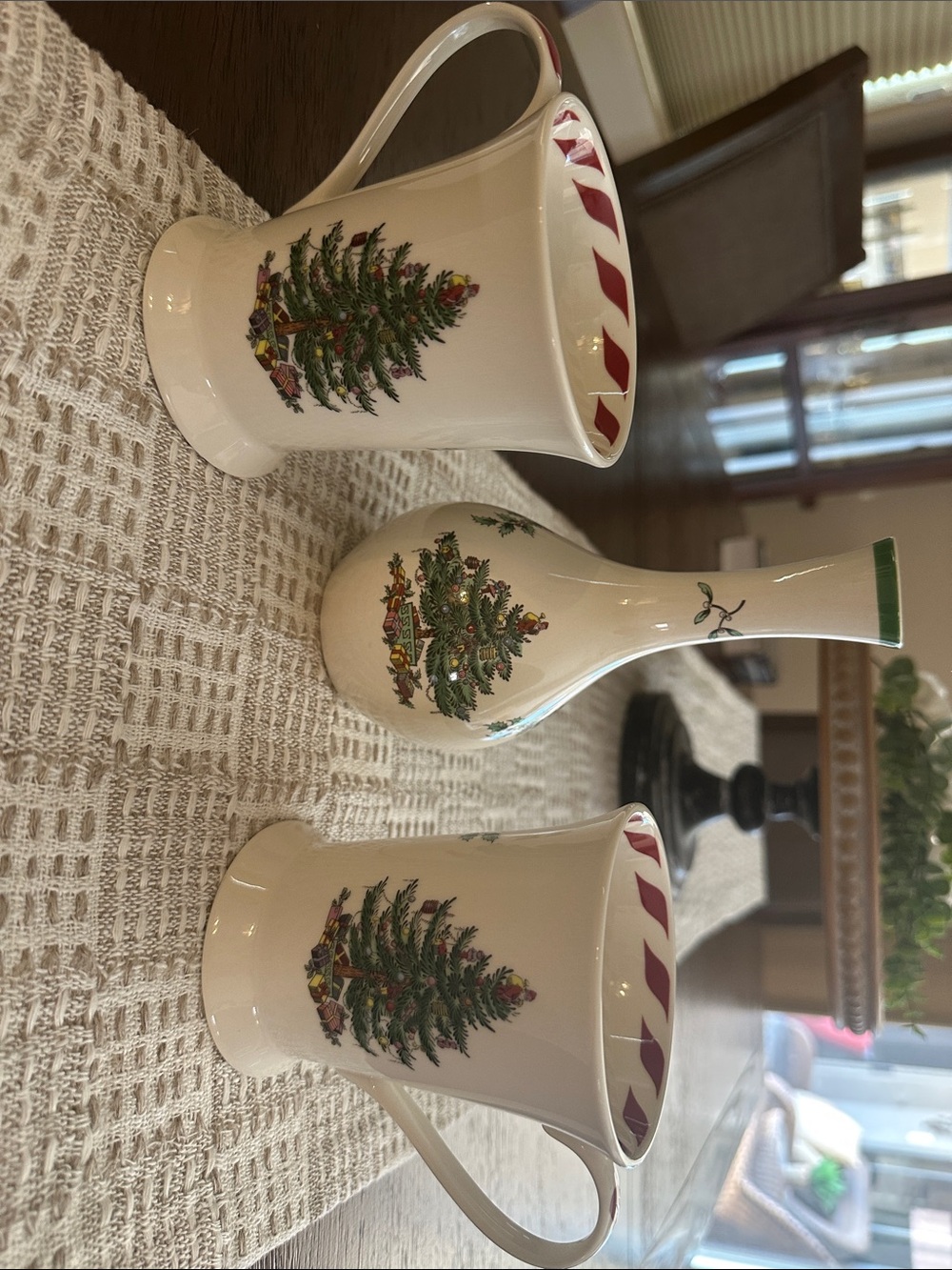 Spode Holiday Christmas Tree Mugs and Vase Set - White with Green & Red Accents
